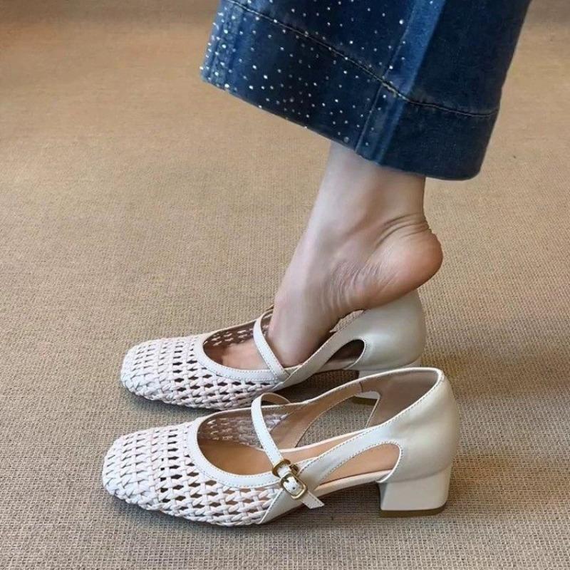New Versatile Thick-heeled Sandals Women's Woven Hollow One-word with Square Head Imitation Leather Versatile Fashion Sandals