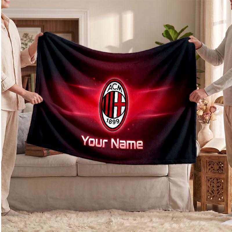 AC Milan Personalized Fleece Blanket With Football Logo, Custom Name Text Soft Warm Home Throw Blanket