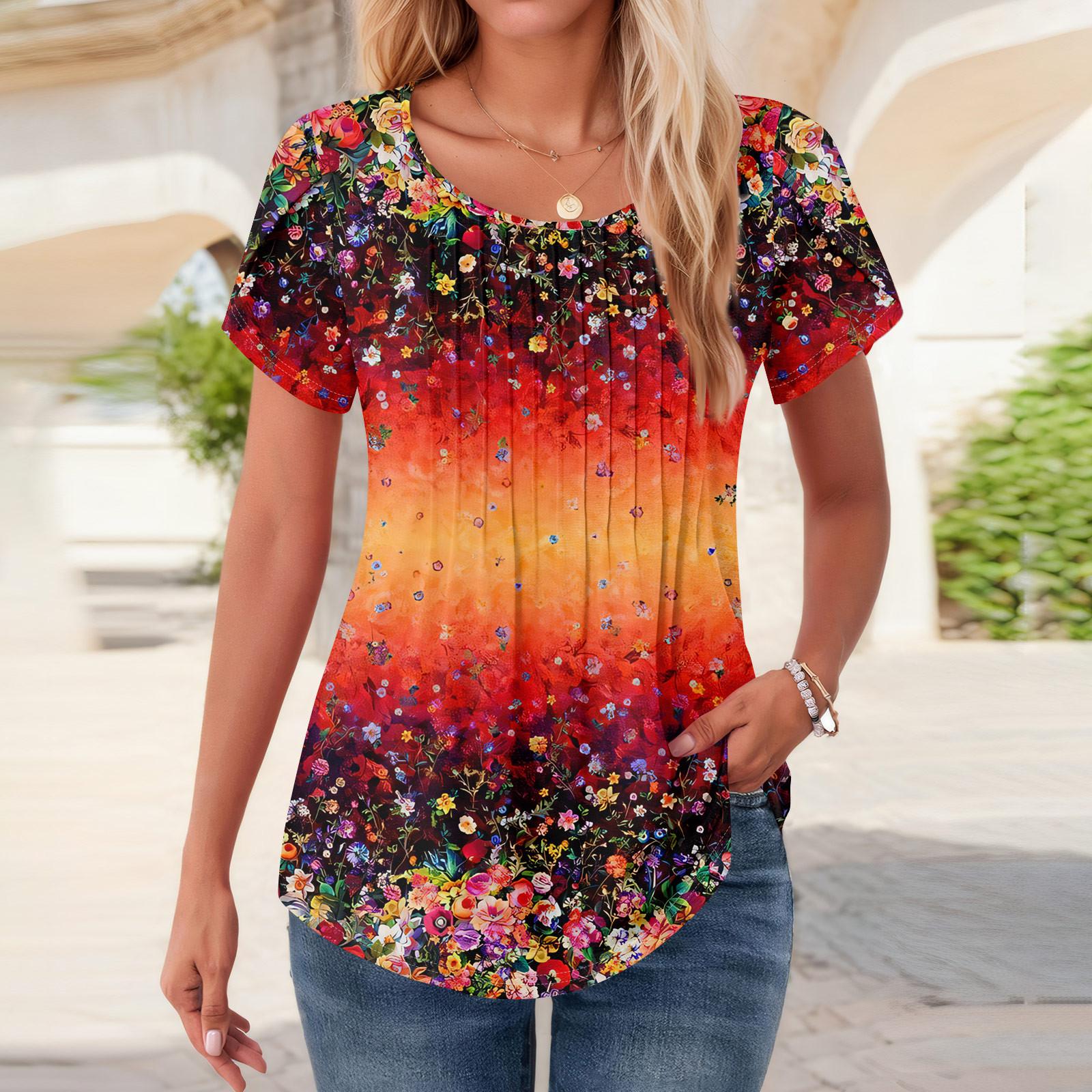 

Женские топы с коротким рукавом и круглым вырезом, летние рубашки с цветочным принтом, блузки для женщин, нарядные повседневные XL шафрановый