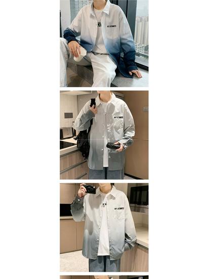American Style Gradient Long Sleeve Men's Shirt – Casual Loose Fit with Turn-Down Collar for Spring, Autumn, and Summer.
