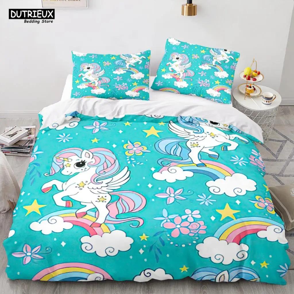 

Cartoon Rainbow Unicorn Bedding Set Unicorn Sets Single Double Queen Twin Full Size Duvet Cover Kid Girls Child Soft Duvet Cover US King 264x228cm