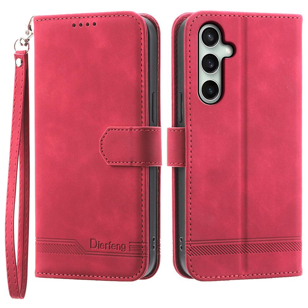 DIERFENG DF-03 For Samsung Galaxy S25 FE Case Lines Imprint Wallet Leather Phone Cover with Wrist Strap