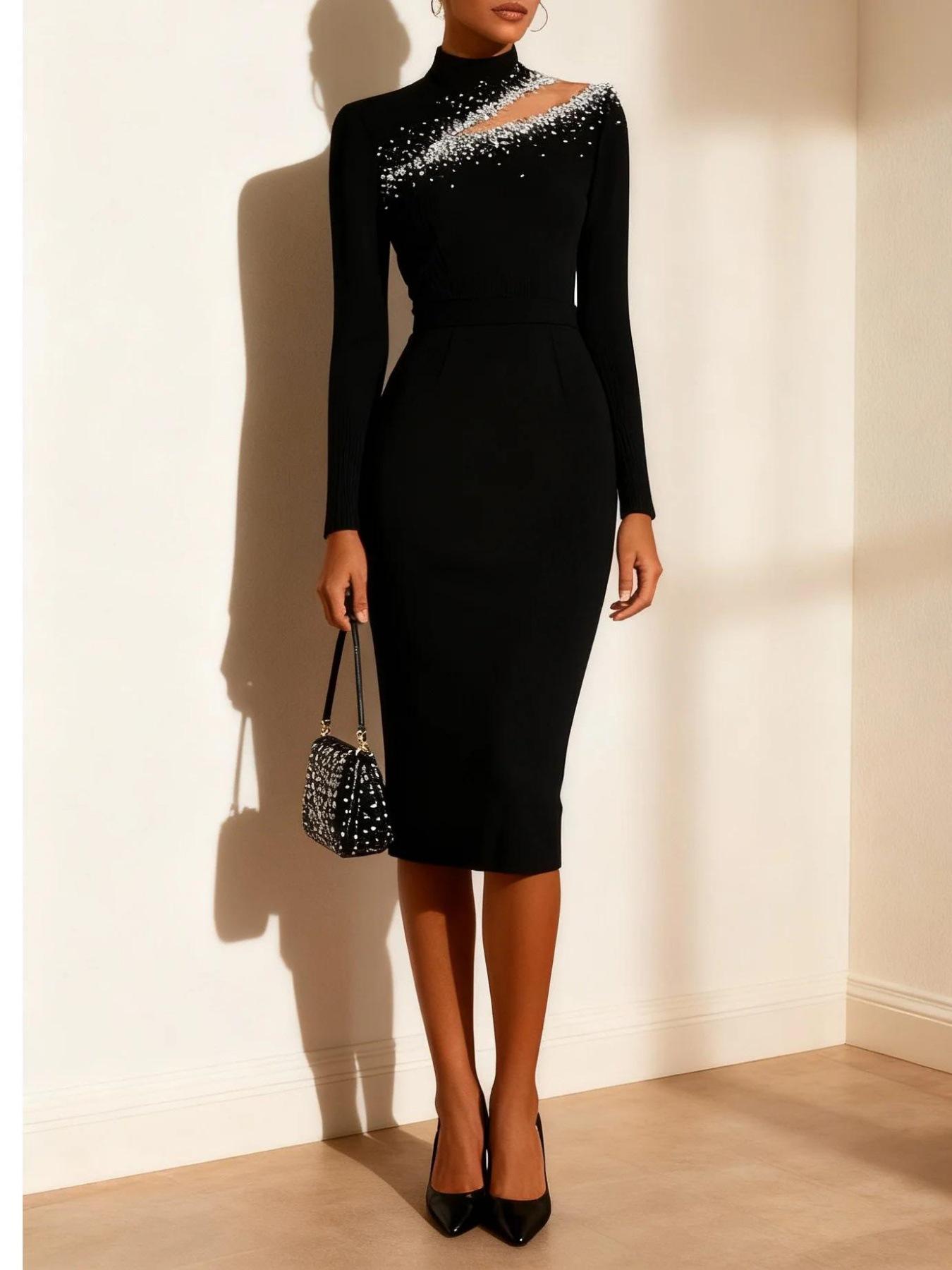 

Women s Fall/Winter Solid High Neck Slim Fit Bodycon Dress with Rhinestone Cutout Accent XL чёрный