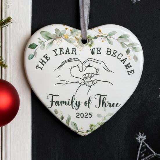 The Year We Become Family of Three Ornament Heart Shaped Baby First Christmas Ornament New Mom And Dad Gifts for Parents