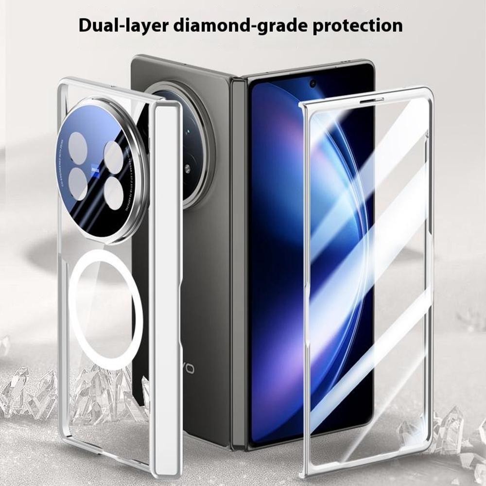 For vivo X Fold5 5G Magnetic Case PC+Acrylic Phone Cover with HD Tempered Glass Film,Lens Kickstand