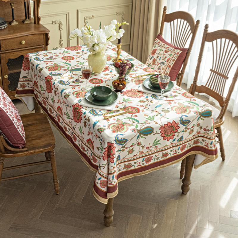 Față de masă din catifea cu imprimeu vintage, față de masă, ciucuri dreptunghiulare, țesătură pentru petrecerea de aniversare, decorare pentru acasă