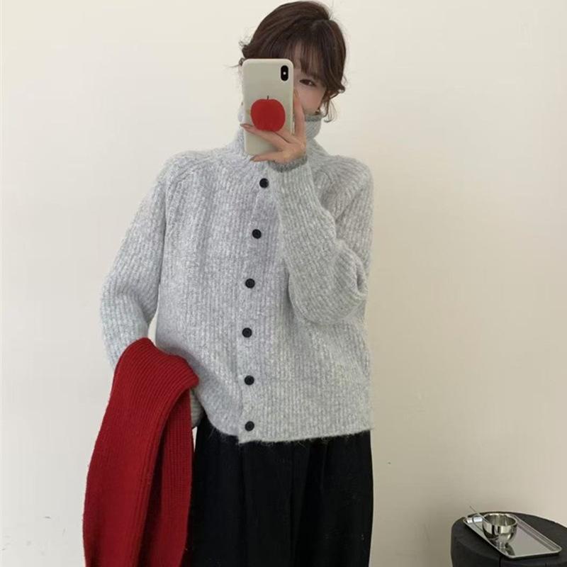 Turtleneck Sweater Jacket Women's Autumn and Winter New Loose Lazy Style Simple Color Matching Knitted Cardigan Top