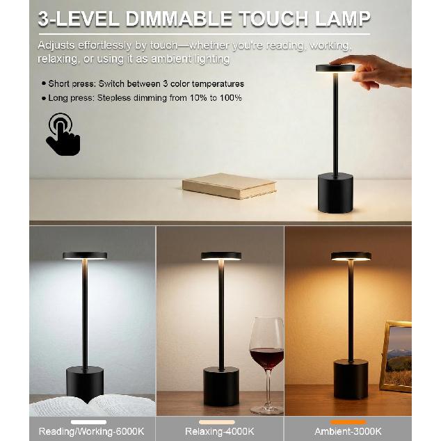 Cordless Table Lamp Set of 2, Rechargeable 5000mAh Battery Operated Outdoor Table Lamps, Portable LED Desk Lamp, 3 Color Dimmable Table Light for
