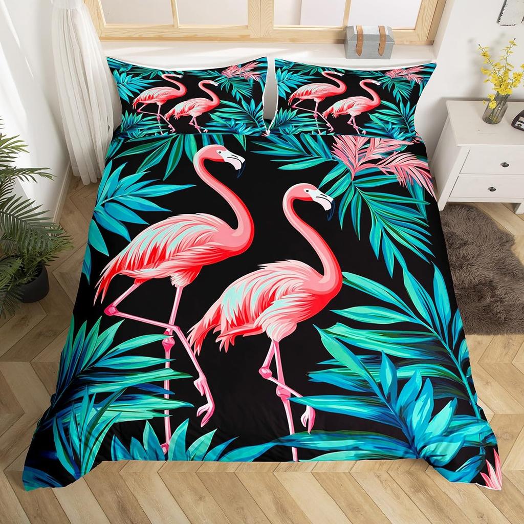 Flamingo Duvet Cover Set Tropical Animal Pattern King Bedding Set Girls Pink Floral Quilt Cover Queen Full Comforter Covers 3Pcs