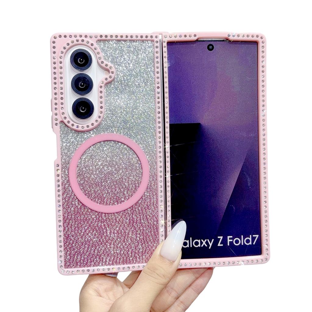 Fashion Glitter Inlaid Diamond Magnetic Phone Case For Samsung Galaxy Z Fold 7 6 5 4 3 Crystal lanyard Shockproof Slim Cover