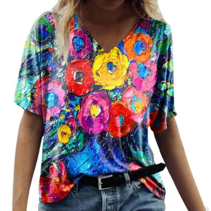 

Женская футболка с коротким рукавом, V-образным вырезом, с цветочным принтом, свободная блузка, летняя туника, повседневная XL
