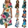 Women's Casual V Neck Short Sleeve Hawaiian Print Dress Midi Length Lightweight Comfortable Summer Beach Dress