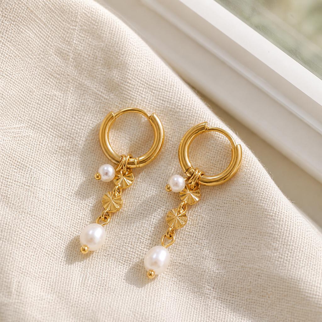 18K Gold-Plated Stainless Steel Drop Earrings French Light-Luxury Pearl Pendant ZIRCON Stone Elegant Versatile Jewelry Women