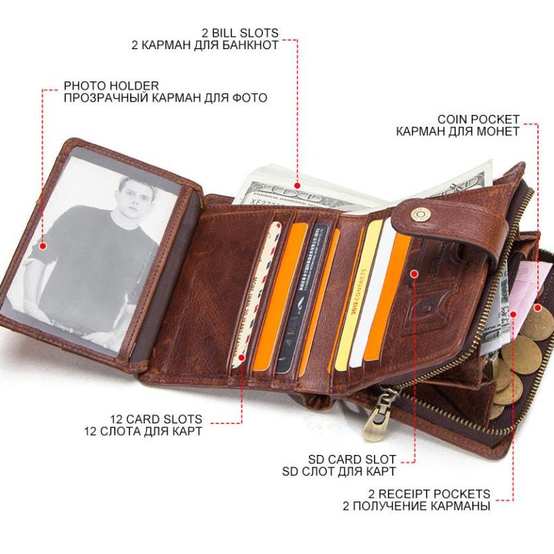 Johnature Portamonete da uomo con pochette multifunzione in pelle Crazy Horse vintage con cerniera solida e Hasp