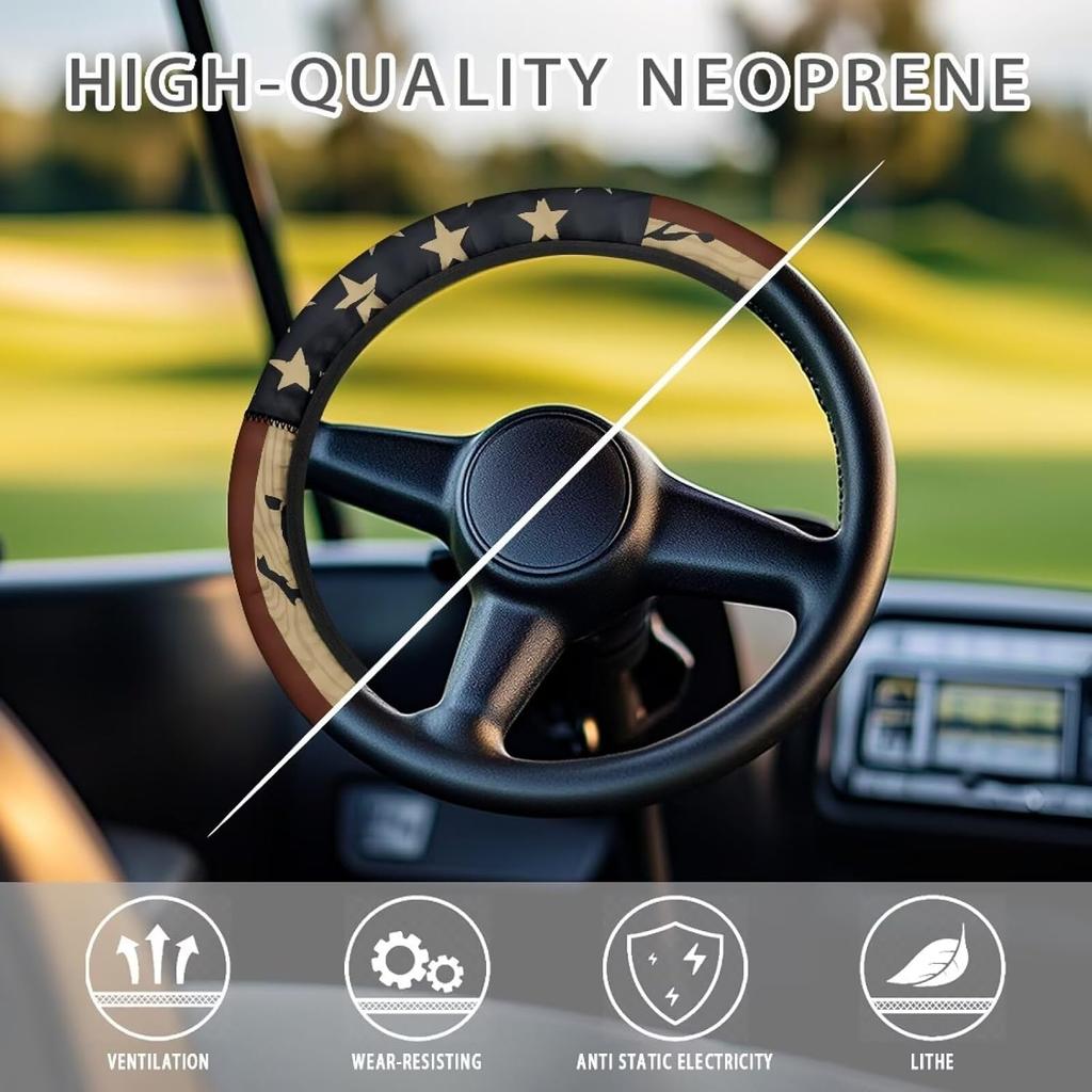 American Flag Golf Cart Steering Wheel Cover, Universal, 13-14 Inches, Polyester, Odorless, Non-Slip, Easy To Grip, Easy To Install, Patriotic