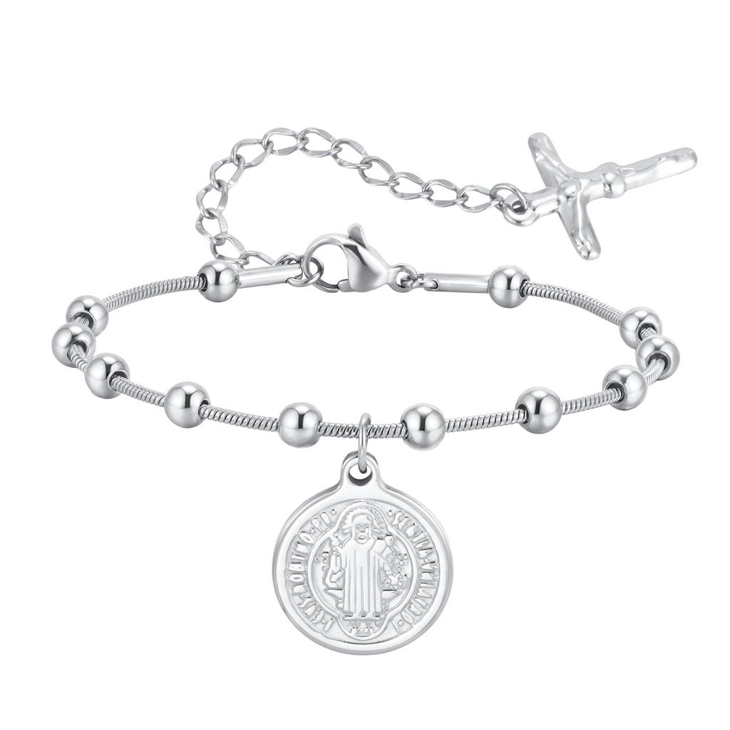Vnox Stainless Steel Women's Rosary Bracelets, Saint Benedict Virgin Mary Jesus Cross Prayer Bracelet , Trendy Religion Jewelry