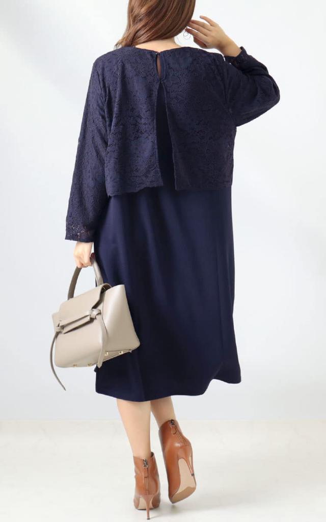 Gold Japan Plus Size Long Midi Size 3L Women's Lace-Docking Dress, Sleeve, Lace, Navy, (mncut-122420)