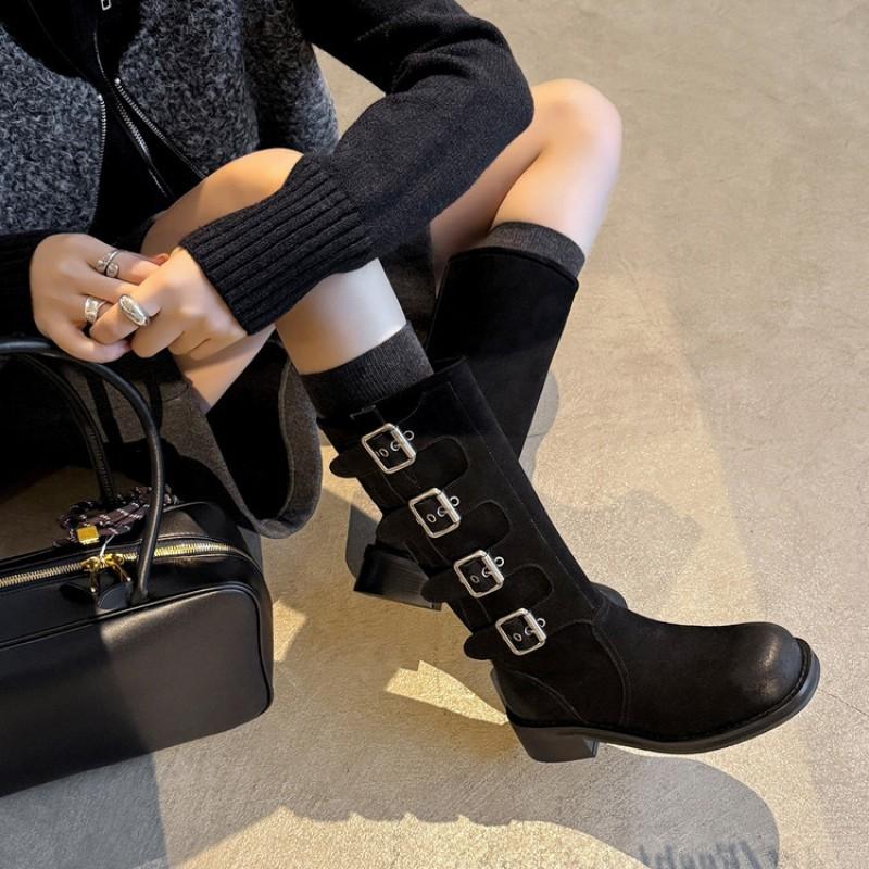 Womens Retro Buckle Biker Boots Square Toe Chunky Mid Heel Knee High Suede