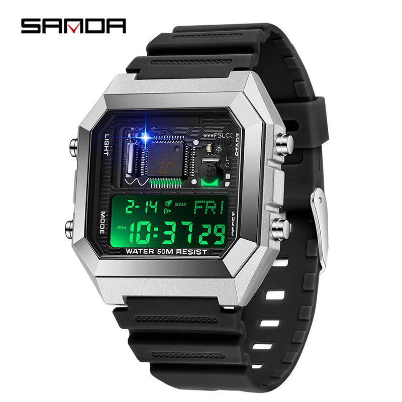 Sanda Luminous Waterproof Teen Alarm Watch - Square Electronic Sports Countdown Timer