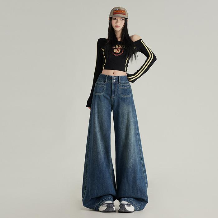 

Ленивый стиль Широкие расклешенные джинсы для женщин с высокой талией Прилегающие Свободные Драпированные Брюки в пол Широкие брюки для женщин XL