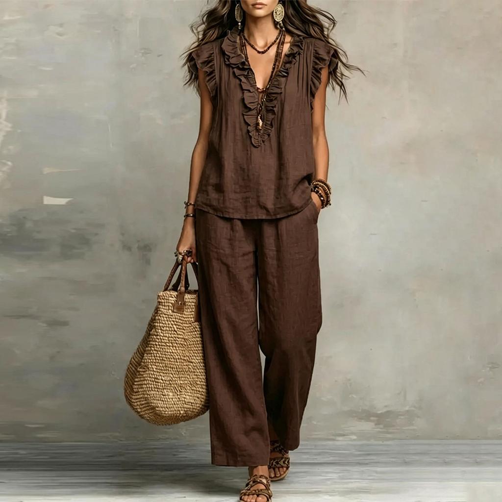 Women's Fashion V-neck Flying Sleeveless Tank Top Casual Pants Bohemian Cotton And Hemp Two Piece Set
