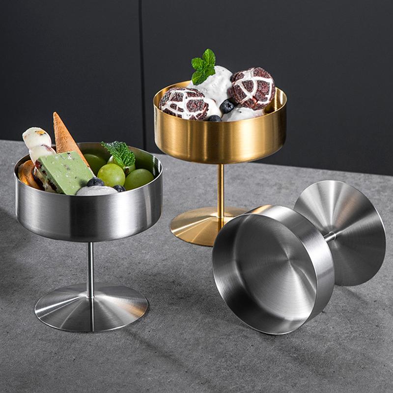 1Pc High Footed Easy To Clean Pudding Cafe Dessert Cup Hotel Stainless Steel Fruit Ice Cream Bowl