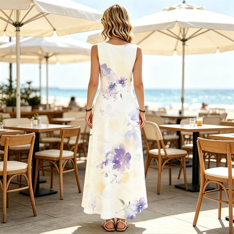 Women U Neck Maxi Sundress,Lilac Flower Print Dress,Sleeveless Flowy Long Dress,Coastal Casual Summer Apparel