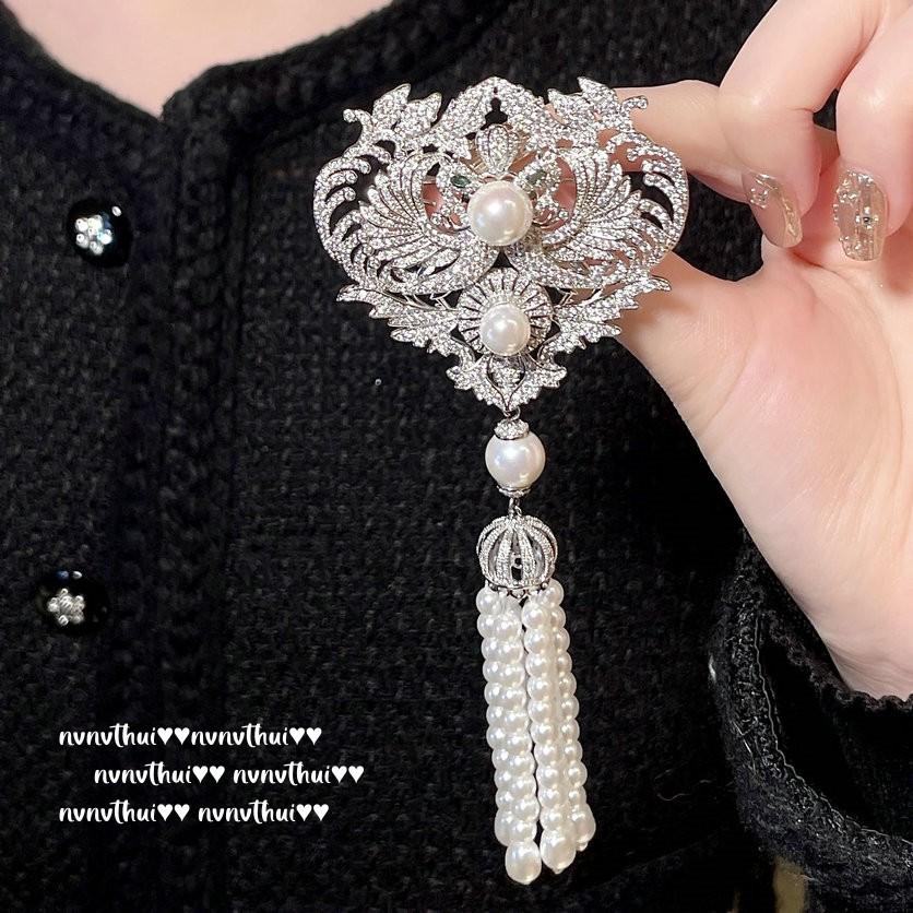 Брошь с бахромой Fengyi  Тысяча Фениксов  с жемчугом и драгоценными камнями, Таити, Брошь  Феникс  с яркими циркониевыми бусинами