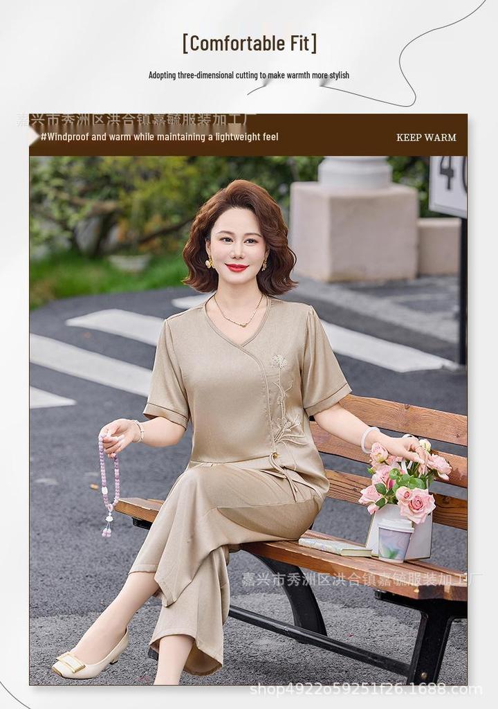Elegantes Sommer-T-Shirt und Shorts Set mit Stickerei für reife Frauen