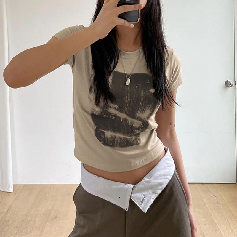 Vintage Chic Print y2k Crop Top Crewneck Slim Short Sleeve T-shirt Summer Harajuku  Streetwear y2k Retro Tees Shirt Women