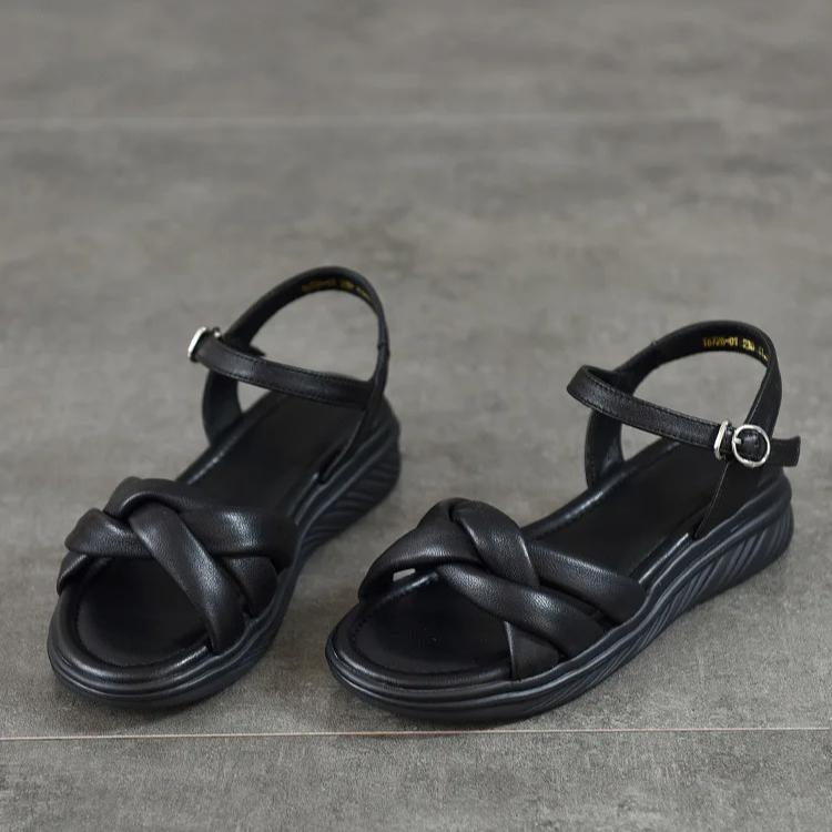 Johnature Casual Versatile Sheepskin Sandals Peep Toe Soft Soled Genuine Leather Flat Women's Shoes