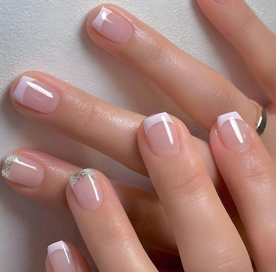 

24 штуки носимых французских глиттерных накладных ногтей: Съемные накладные ногти для маникюра Yellow Jelly Glue + File (Temu/Tiktok Platform)