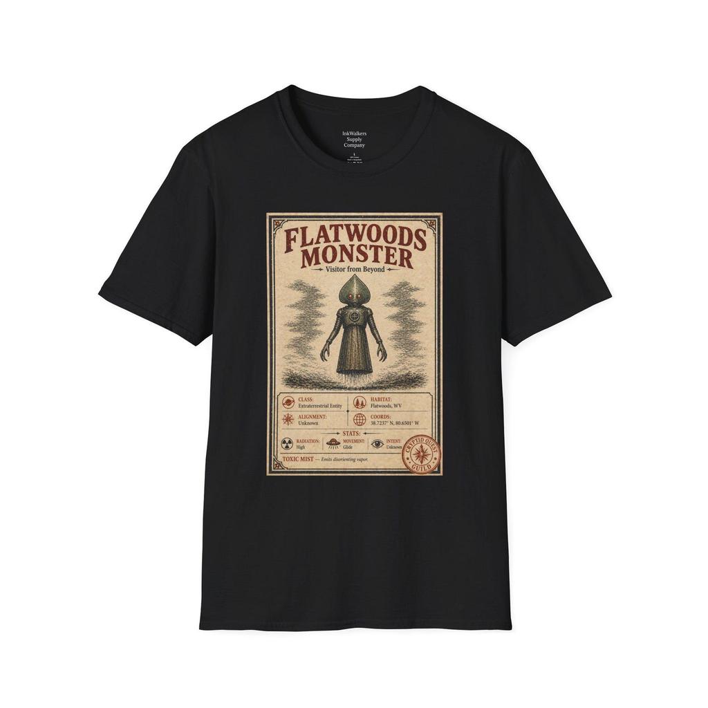 Flatwoods Monster Character Sheet T-Shirt | Cryptid Vintage Illustration
