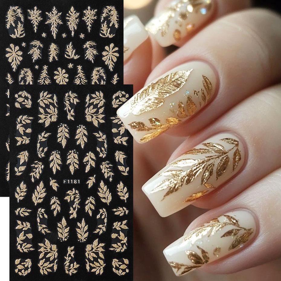 2PCS Golden Glitter Leaf Nail Art Stickers Shinny Christmas Trees Snowflake Sliders Winter Leaves Manicure Decor