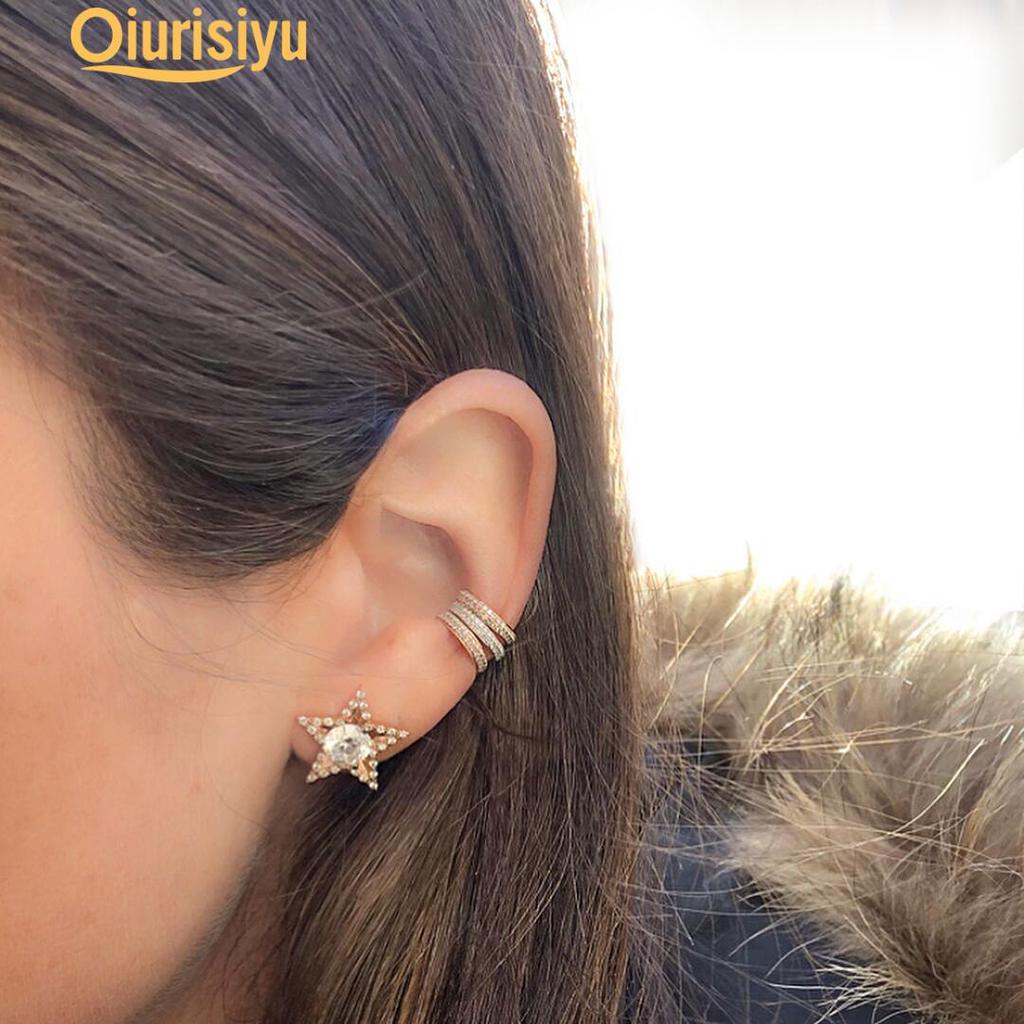 Espiga de la estrella de cristal de oro Rosa Cartílago Helix Clip puños del oído pendiente conjunto