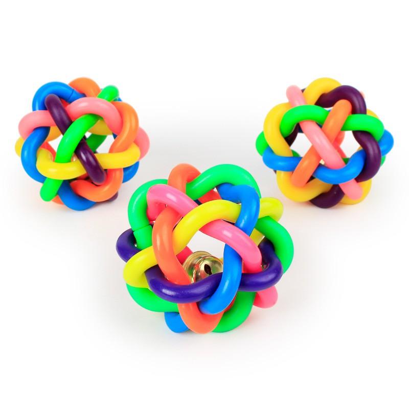 Small PVC Dog Toy Ball With Bell - Braided Chew Puppies Dogs Colorful 5.5cm