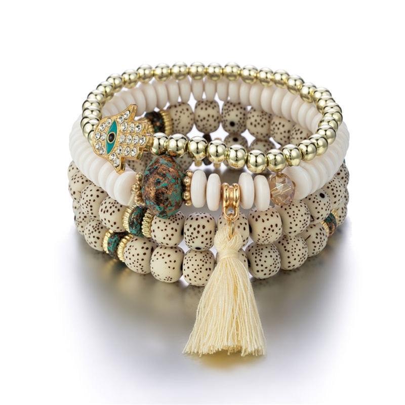 4Pcs Bohemian Styles Bracelet Set for Women with Crystal Hand Tassels Charm and Stone Beads Chain Stylish Outfits