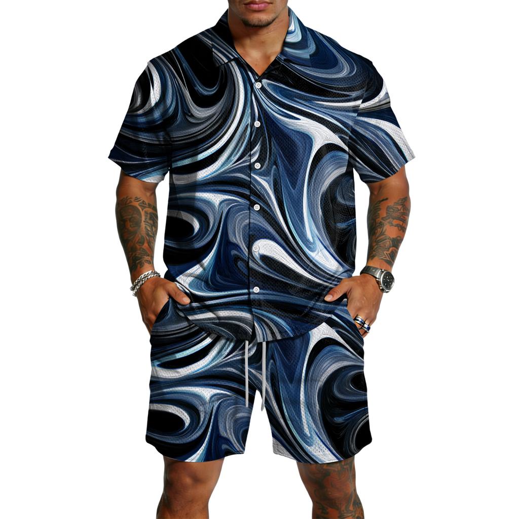 Men's Casual Lightweight Breathable Short Sleeve Shirt with Drawstring Shorts Set Swirl Pattern Summer Outfit for Outdoor Use