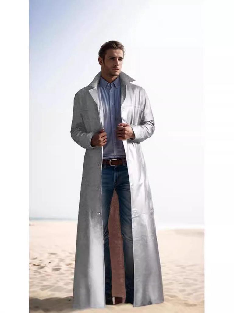 Stilvoller langer Herren-Trenchcoat aus PU-Leder Slim Fit