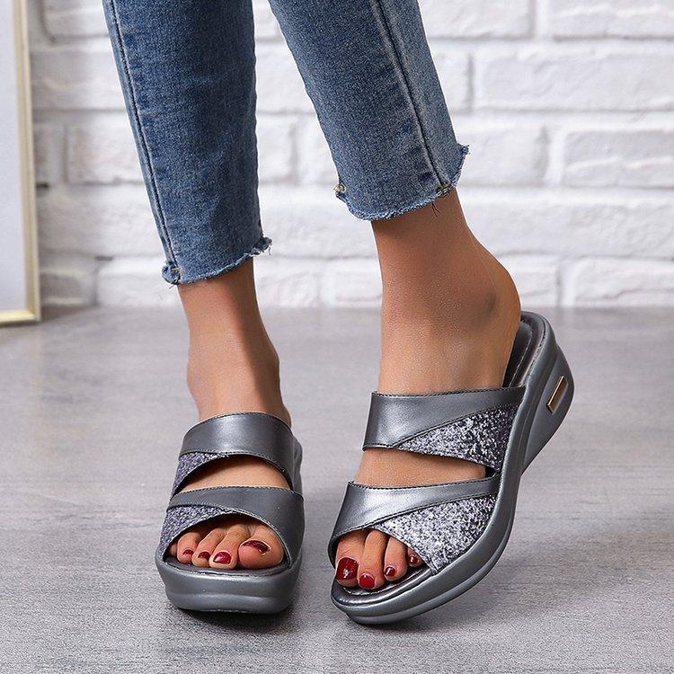 

Large size women s shoes summer new sequined muffin bottom slippers open-toed fish mouth wedge heel sandals women 35