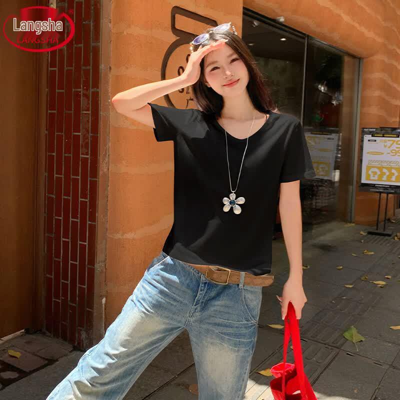 Langsha Women s V-Neck Short Sleeve T-Shirt L чёрный