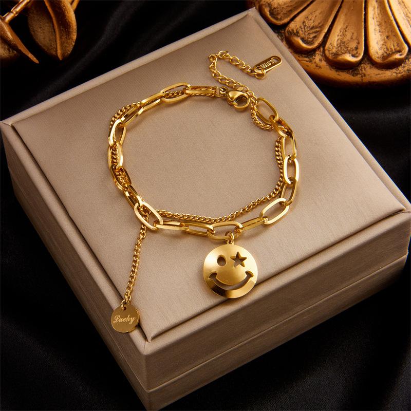 Gold Plated Stainless Steel Double Layer Heart Charm Bracelet
