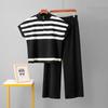 Cross-Border Foreign Trade Minimalist Fashion Suit Stripes Zipper Knitting Tops + Fashion Slim-Fit Wide-Legged Pants Two-piece Set Women