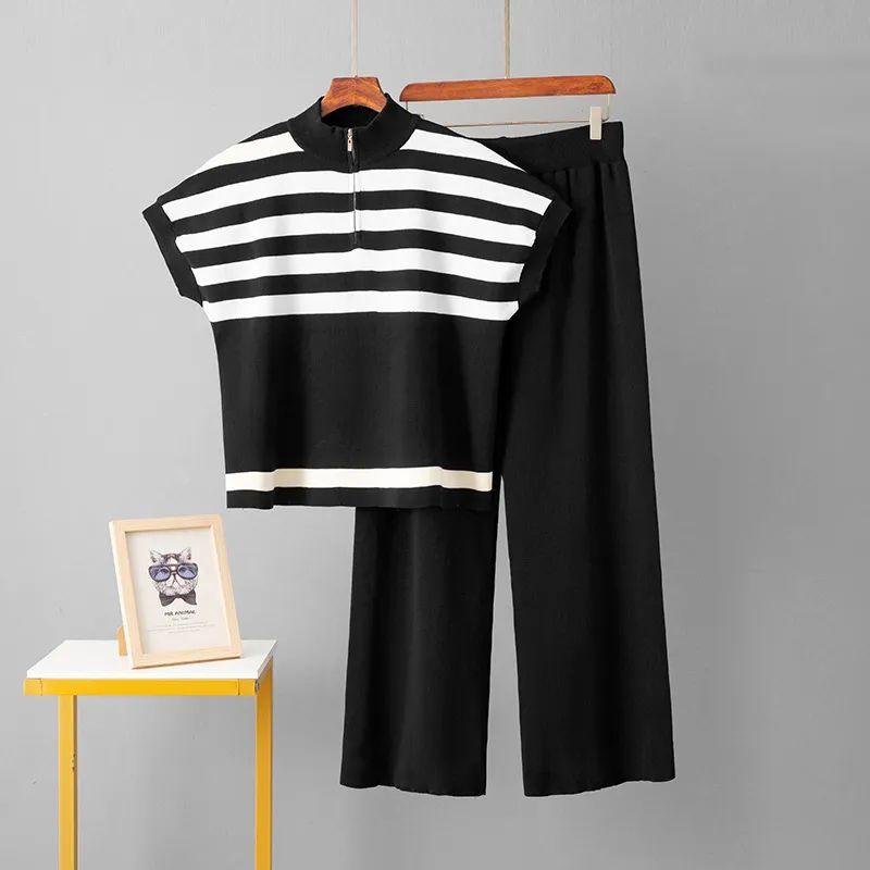 Cross-Border Foreign Trade Minimalist Fashion Suit Stripes Zipper Knitting Tops + Fashion Slim-Fit Wide-Legged Pants Two-piece Set Women