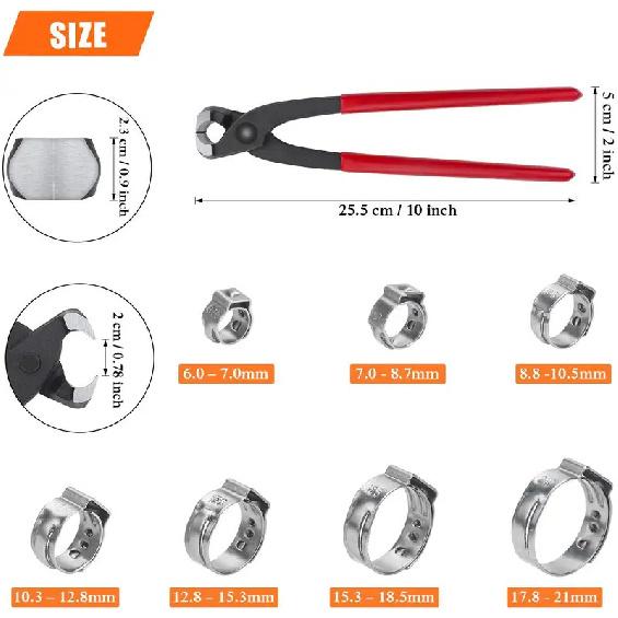 100 Pieces 6-21mm 304 Stainless Steel Single Ear Stepless Hose Clamps With Pincers Kit