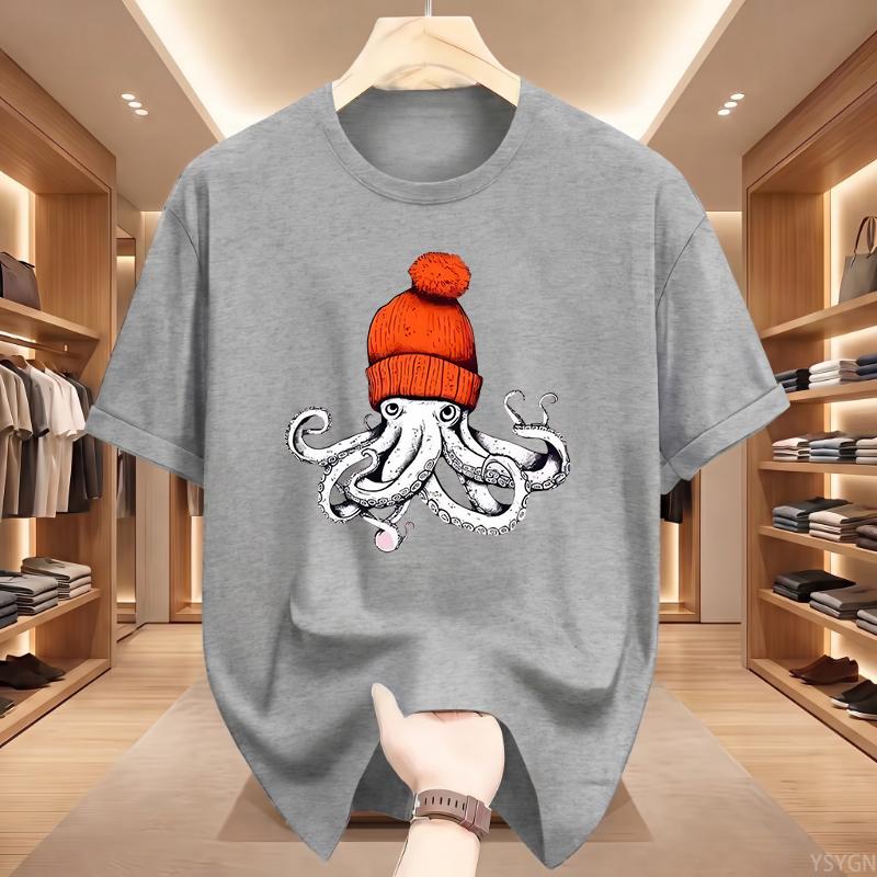 Octopus Orange Knitted Hat Cotton T-shirt Japanese Printed T-shirt Casual Cotton Short Sleeve T-shirt Unisex T-shirt