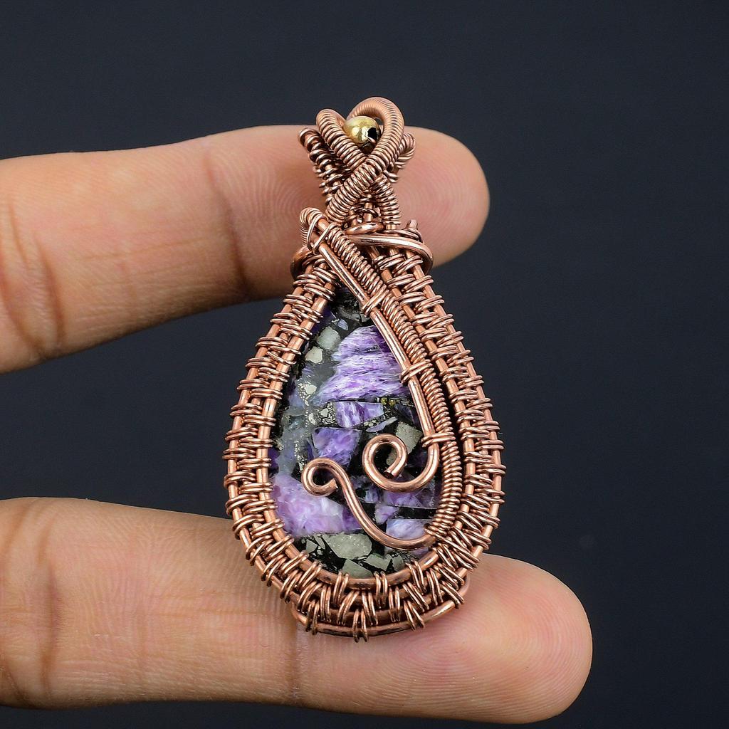 Copper Charoite Pendant Gemstone Jewelry, 999 Copper Wire Wrapped Pendant, Handmade Gift For Wife Pendant Jewelry