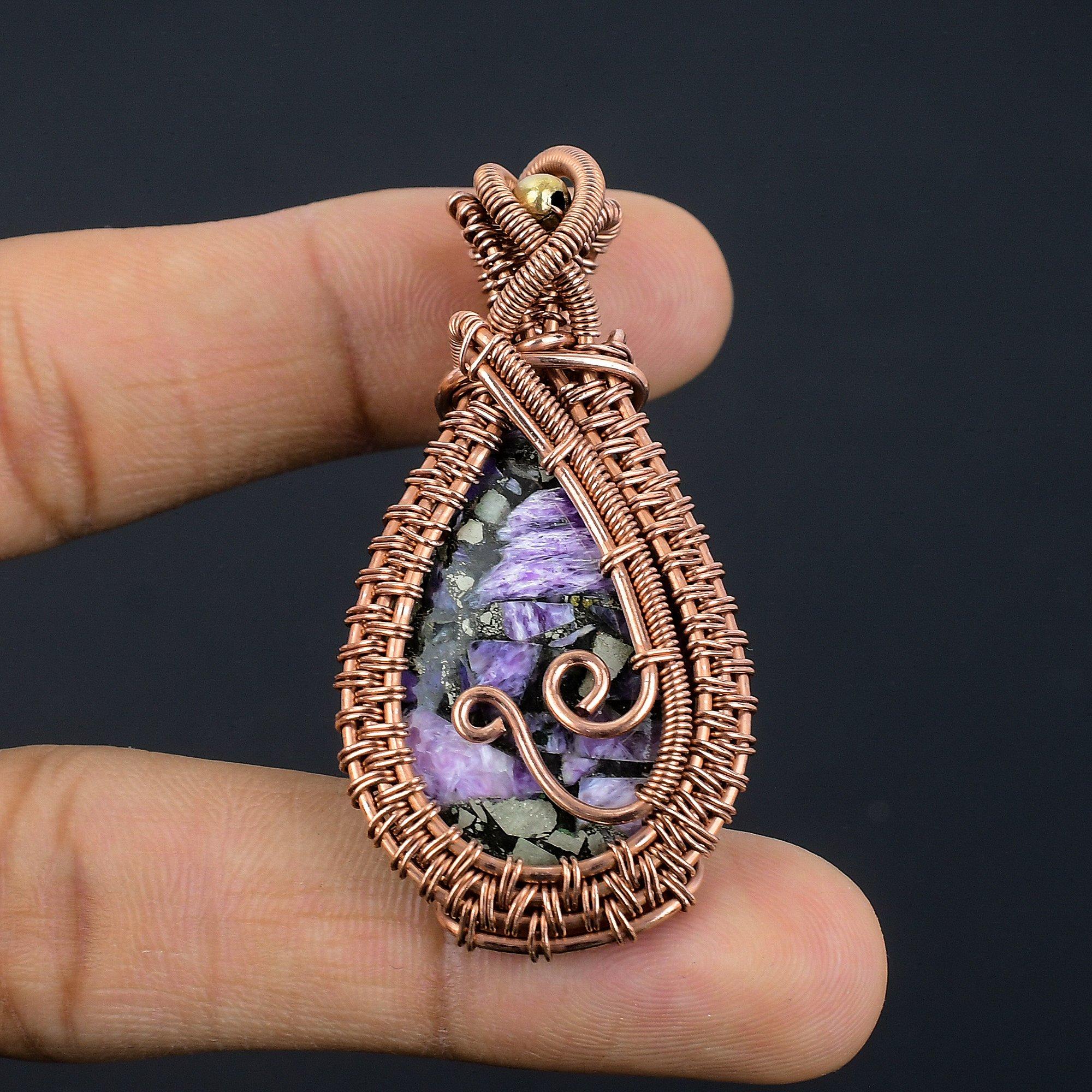 

Copper Charoite Pendant Gemstone Jewelry, 999 Copper Wire Wrapped Pendant, Handmade Gift For Wife Pendant Jewelry 2.55 inches