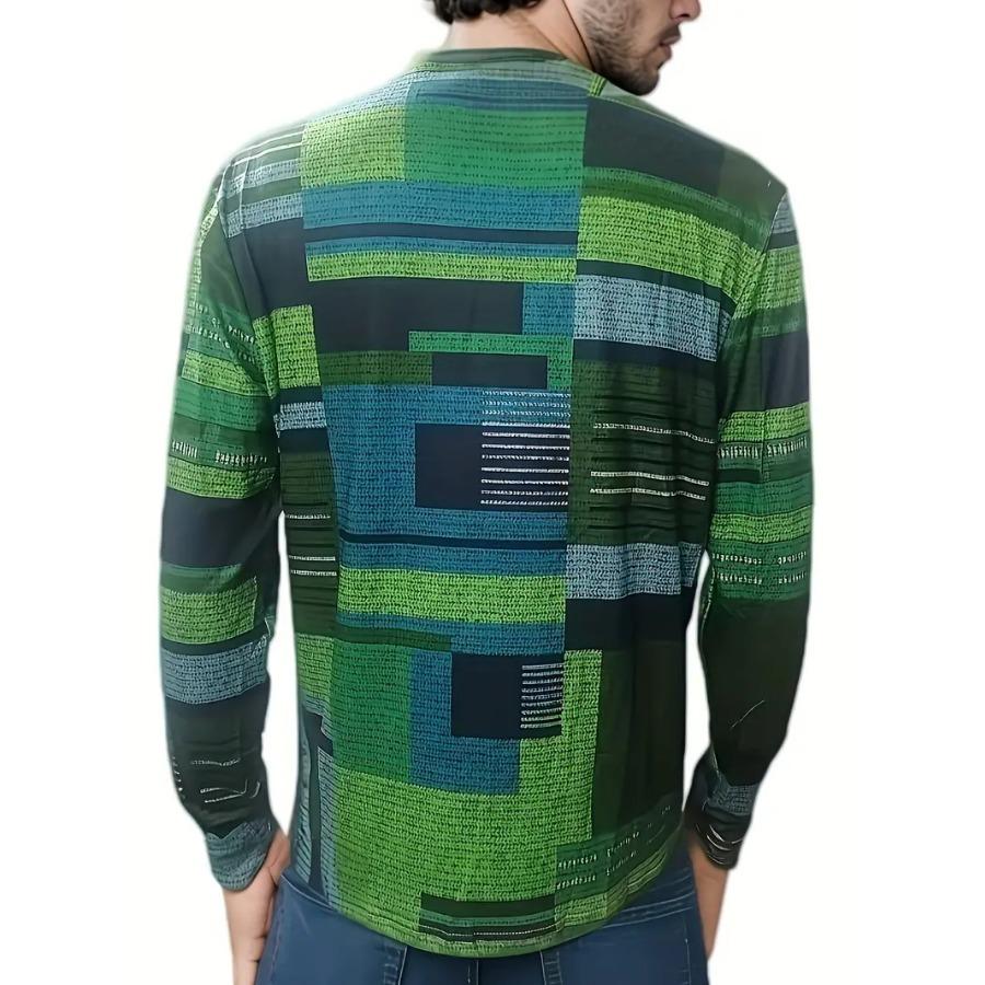 Men's Vibrant Plaid Crew Neck Long Sleeve T-Shirt - Soft, Breathable Comfortable Spring and Autumn Outdoor Activities and Sports - Perfect for Casual