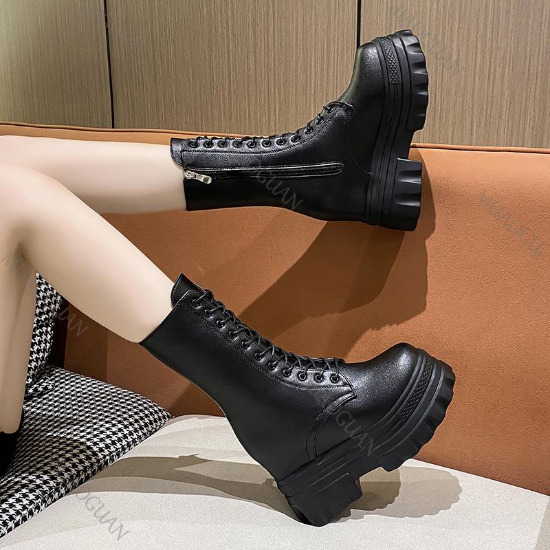 Fashion Women's Mid-Calf Boots Autumn Winter New Platform Wedge Short Boots Shoes for Women Versatile Ladies Chunky Motorcycle Botas